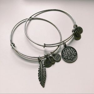 2 Alex & Ani Silver Bangles - Lotus Flower/Feather